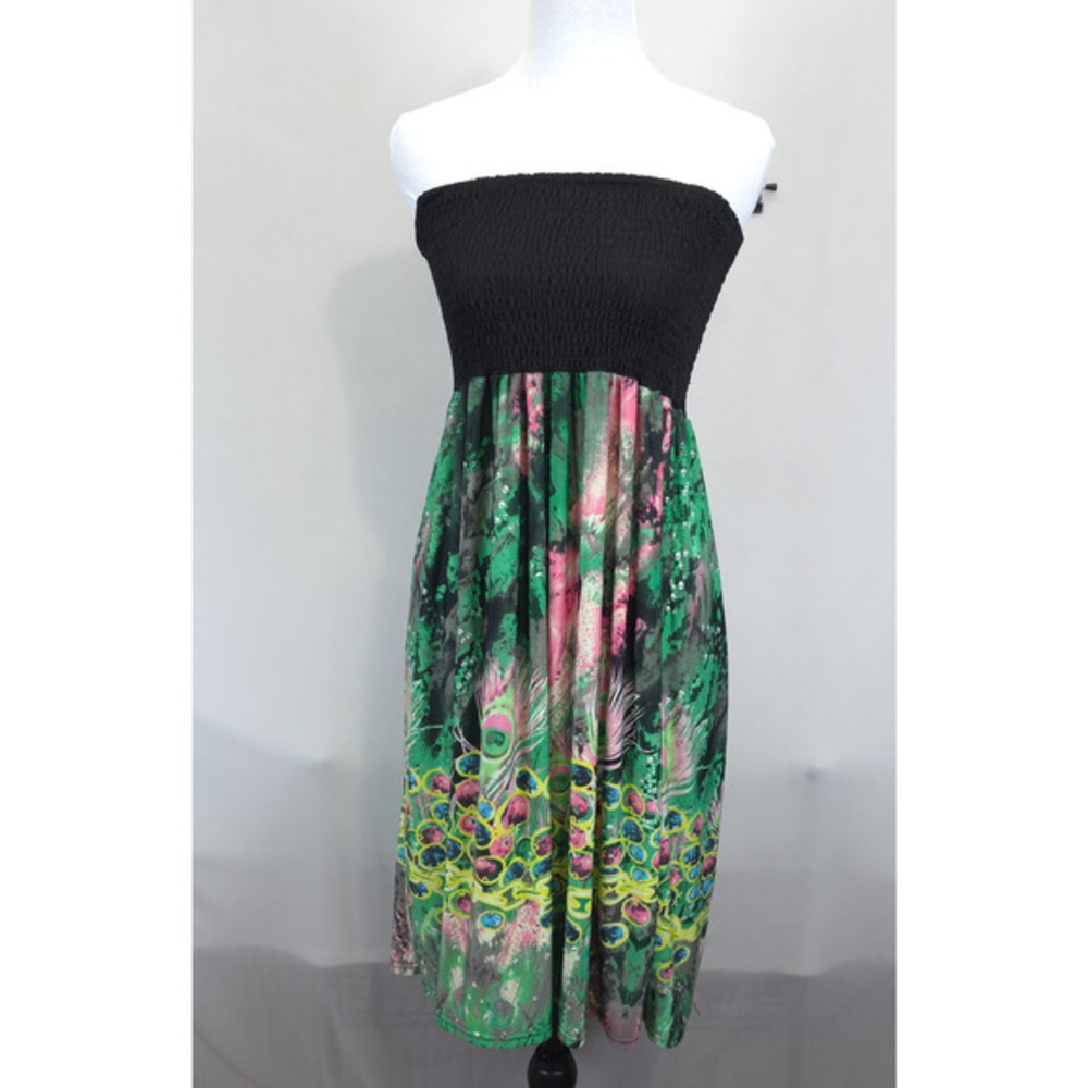 Boho Peacock Print Smocked Strapless Short Dress / Midi Skirt Flowy Resort‎ OS